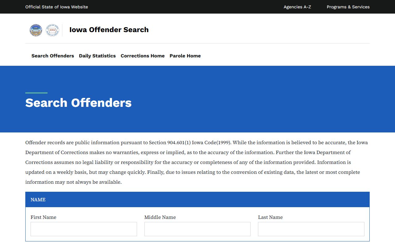 Iowa DOC offender search fields for Clay County inmate lookup